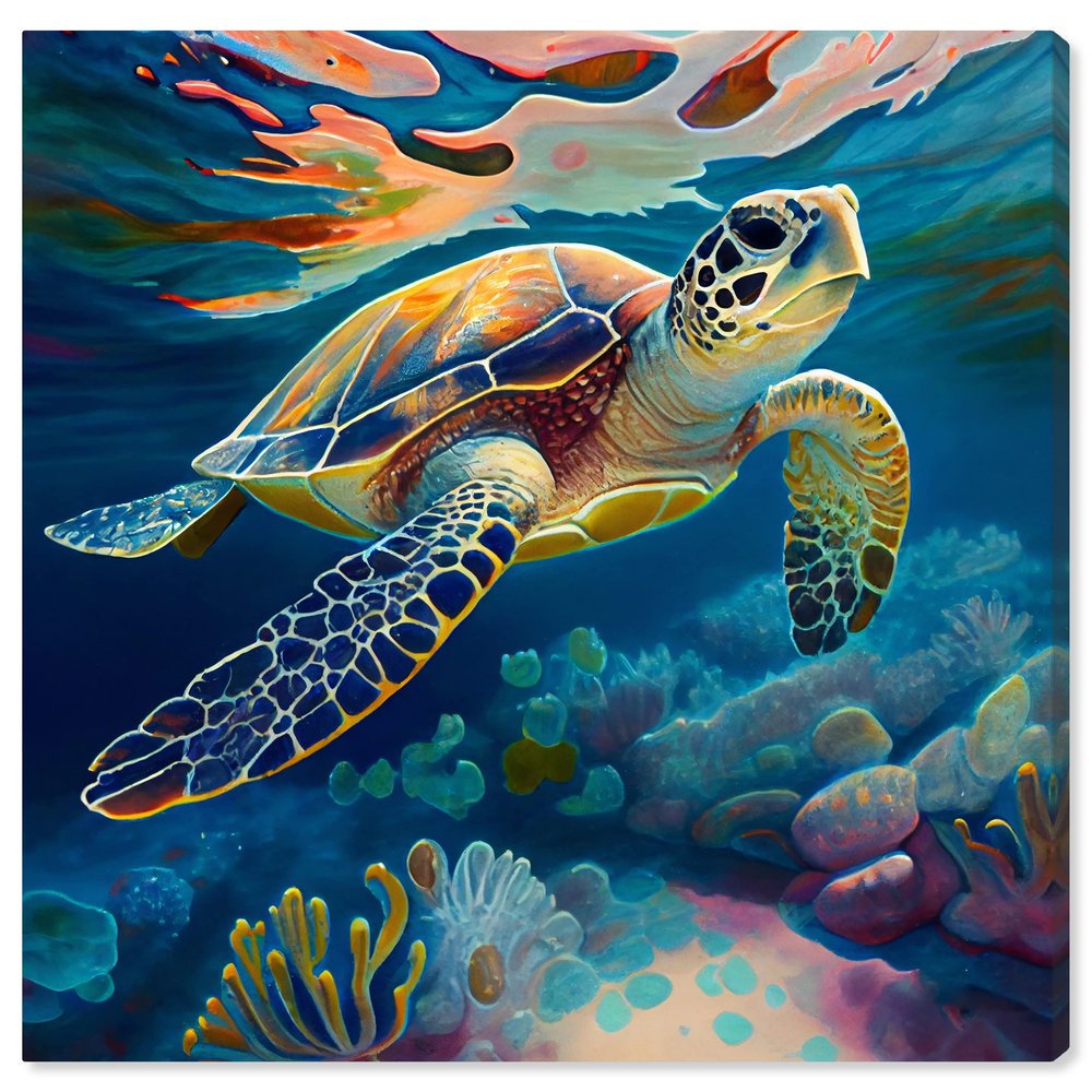 Wynwood Studio Animals Contemporary Canvas Wall Art Sea Turtle I Living Room Bedroom and Bathroom Home Decor 30 in x 30 in Blue and Brown