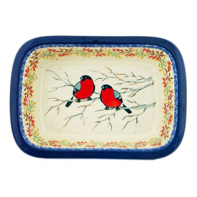 Polmedia Polish Pottery Rectangular Baker UNIKAT - Bullfinch On Rowan Pattern Handmade in Boleslawiec Poland by Ceramika Artystyczna + Certificate of Authenticity