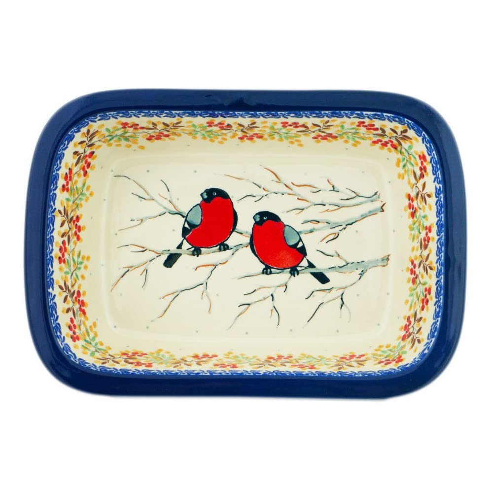 Polmedia Polish Pottery Rectangular Baker UNIKAT - Bullfinch On Rowan Pattern Handmade in Boleslawiec Poland by Ceramika Artystyczna + Certificate of Authenticity