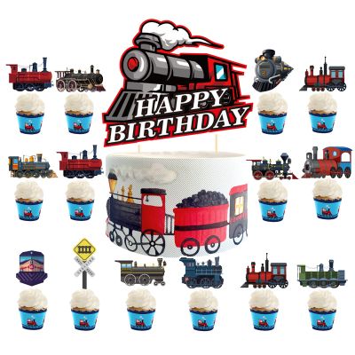 Train Cake Decorations 25 Pcs Cake Topper Cupcake Toppers for Train Party Decorations Retro Train Birthday Supplies Vehicle Decorations