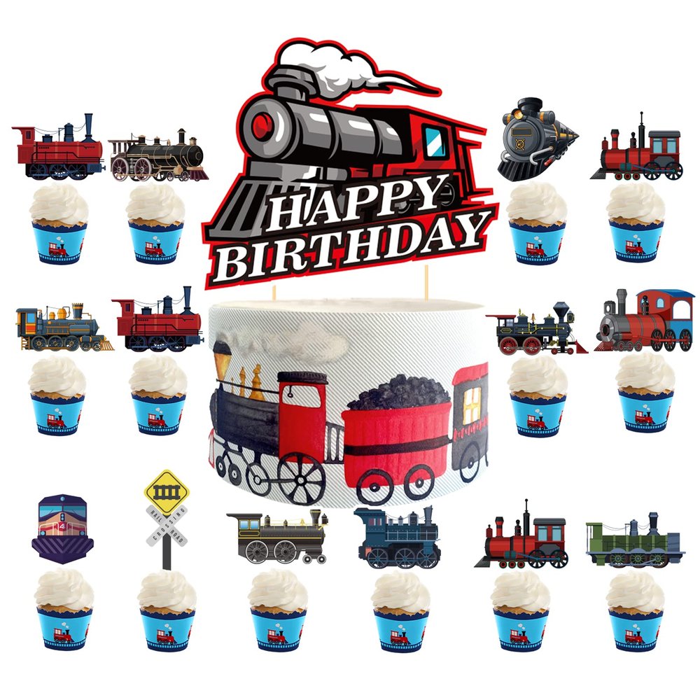 Train Cake Decorations 25 Pcs Cake Topper Cupcake Toppers for Train Party Decorations Retro Train Birthday Supplies Vehicle Decorations