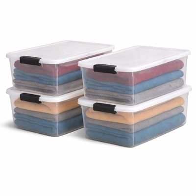 HOMZ 4-Pack Secure Latch, Clear Plastic Storage Organizer Bins, 64 Quart, Gray Latches - Stackable Container Boxes for Bedroom, Bathroom, Garage, and Office Organization