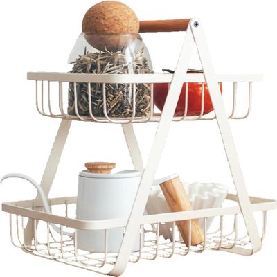 2 Tier Fruit Basket for Kitchen Counter, Storage Basket Iron Wood 2 Layers Metal Wire Bread Basket Detachable Fruit Vegetable Shelf Rack for Living Room Kitchen Desktop(White)