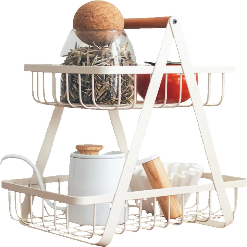 2 Tier Fruit Basket for Kitchen Counter, Storage Basket Iron Wood 2 Layers Metal Wire Bread Basket Detachable Fruit Vegetable Shelf Rack for Living Room Kitchen Desktop(White)