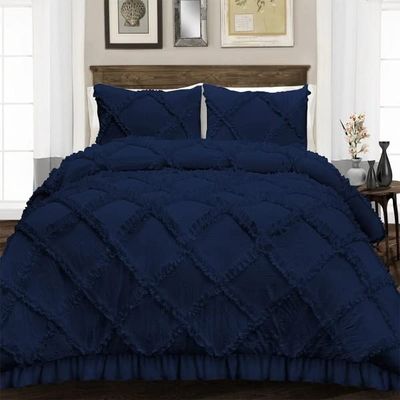 3 Piece Duvet Cover, Luxury Diamond-Ruffle Quilt Cover Set with Zipper, 100% Egyptian Cotton, Soft & Elegant 400TC Comforter Cover Set - Navy Blue Solid, Full Size.