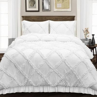 3 Piece Duvet Cover, Luxury Diamond-Ruffle Quilt Cover Set with Zipper, 100% Egyptian Cotton, Soft & Elegant 400TC Comforter Cover Set - White Solid, Superking Plus Size.