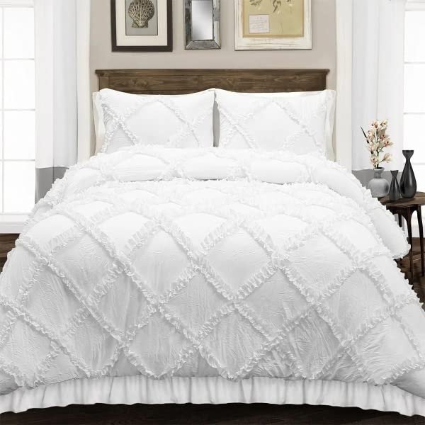 3 Piece Duvet Cover, Luxury Diamond-Ruffle Quilt Cover Set with Zipper, 100% Egyptian Cotton, Soft & Elegant 400TC Comforter Cover Set - White Solid, Superking Plus Size.