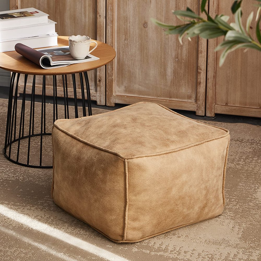 QQXX Rectangular Leather Suede Pouf,Luxurious Comfort Ottoman Footstool,Decorative FootRest Stool for Living Room Bedroom Bean Bag Floor Cushion Sofa Stool (45x45x30cm(18x18x12in), Beige)