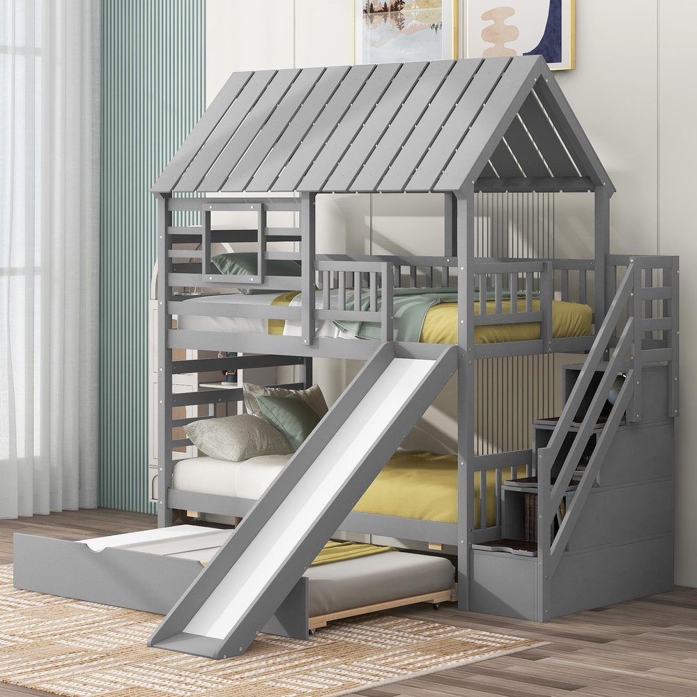 Merax Twin Over Twin House Bunk Bed, Wooden Bed Frame with Trundle and Slide, Storage Staircase, Roof and Window Design, Gray