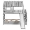 Merax Twin Over Twin House Bunk Bed, Wooden Bed Frame with Trundle and Slide, Storage Staircase, Roof and Window Design, Gray view 4