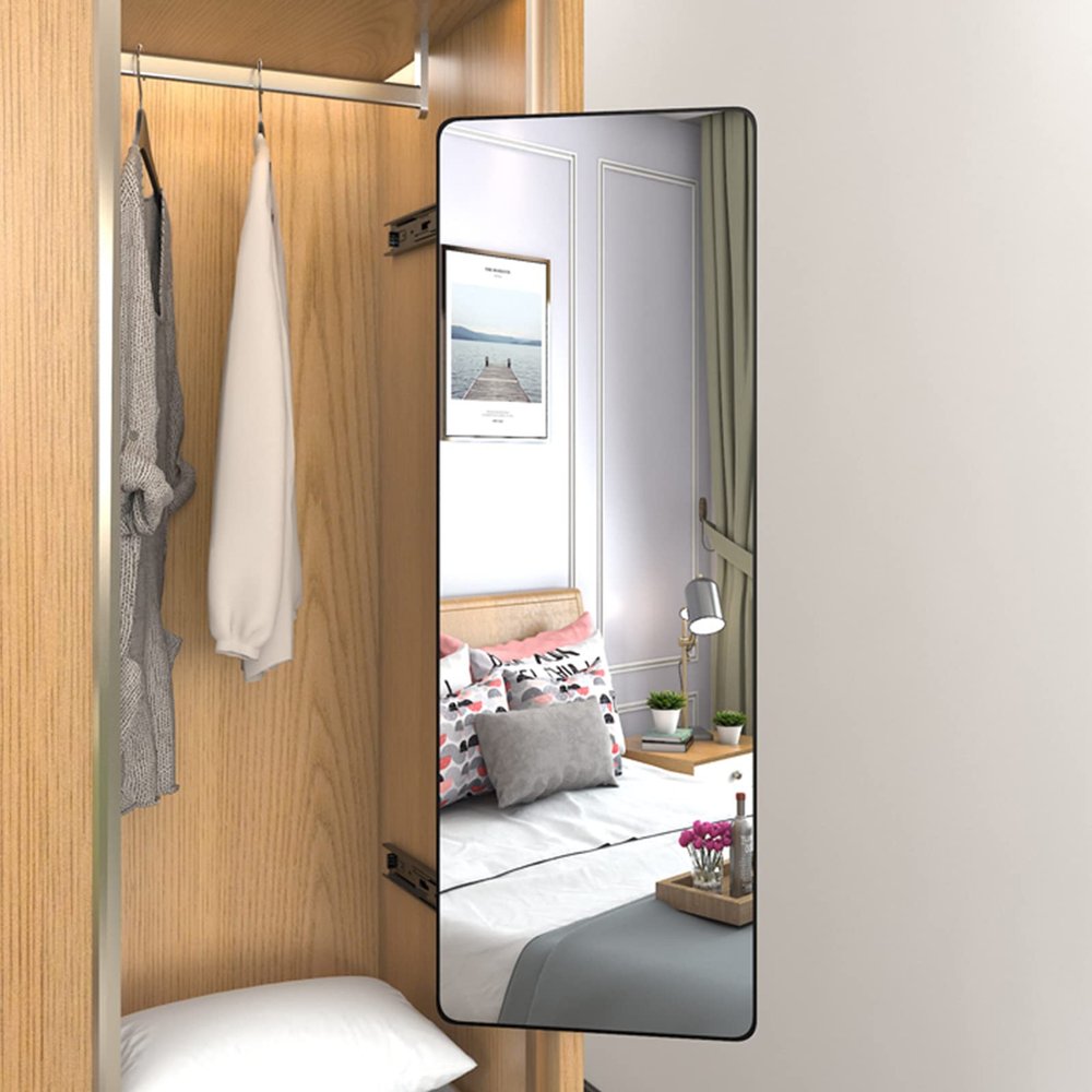 QQXX Full Length Invisible Pull-Out Mirror, Push-Pull Telescopic Sliding Rotating Vanity Mirror,Standing Bracket Wall-Mounted Mirror for Wardrobe Full Body Mirror(100x40cm(39x16in), Black)