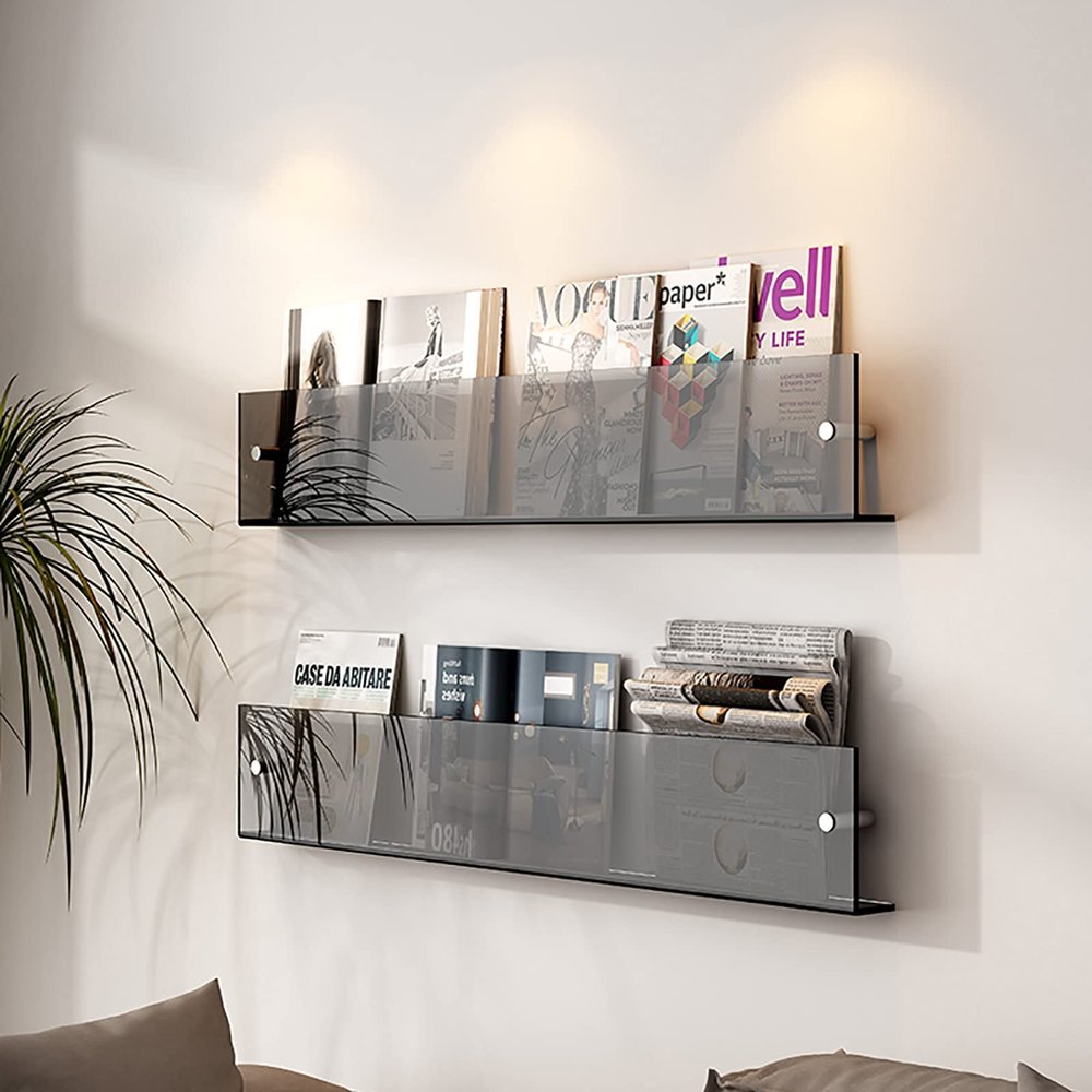 QQXX Transparent Acrylic Floating Shelves 2 Packs,Clear Acrylic Brochure Holder Magazine Rack,Wall Mount Bookshelf Bathroom Floating Shelves Organizer for Office Waiting Room Home Display