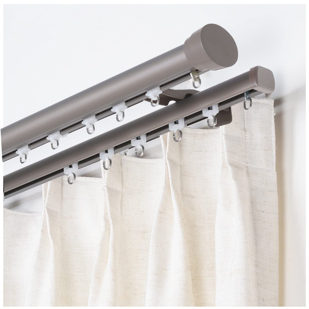 NOIRDA Double Curtain Rod with Cap Finials - 100 to 600cm - Double Drapery Curtains Track Set - Aluminum Conjoined Curtains Rail Wall Mount, White, Black, Gray(Color:B,Size:600cm/19.7ft)