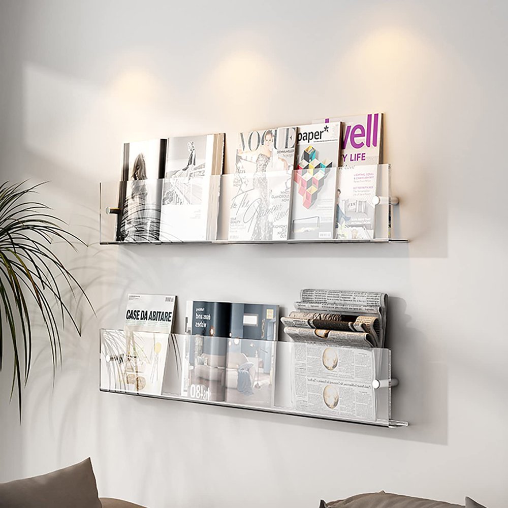 QQXX Transparent Acrylic Floating Shelves 2 Packs,Clear Acrylic Brochure Holder Magazine Rack,Wall Mount Bookshelf Bathroom Floating Shelves Organizer for Office Waiting Room Home Display