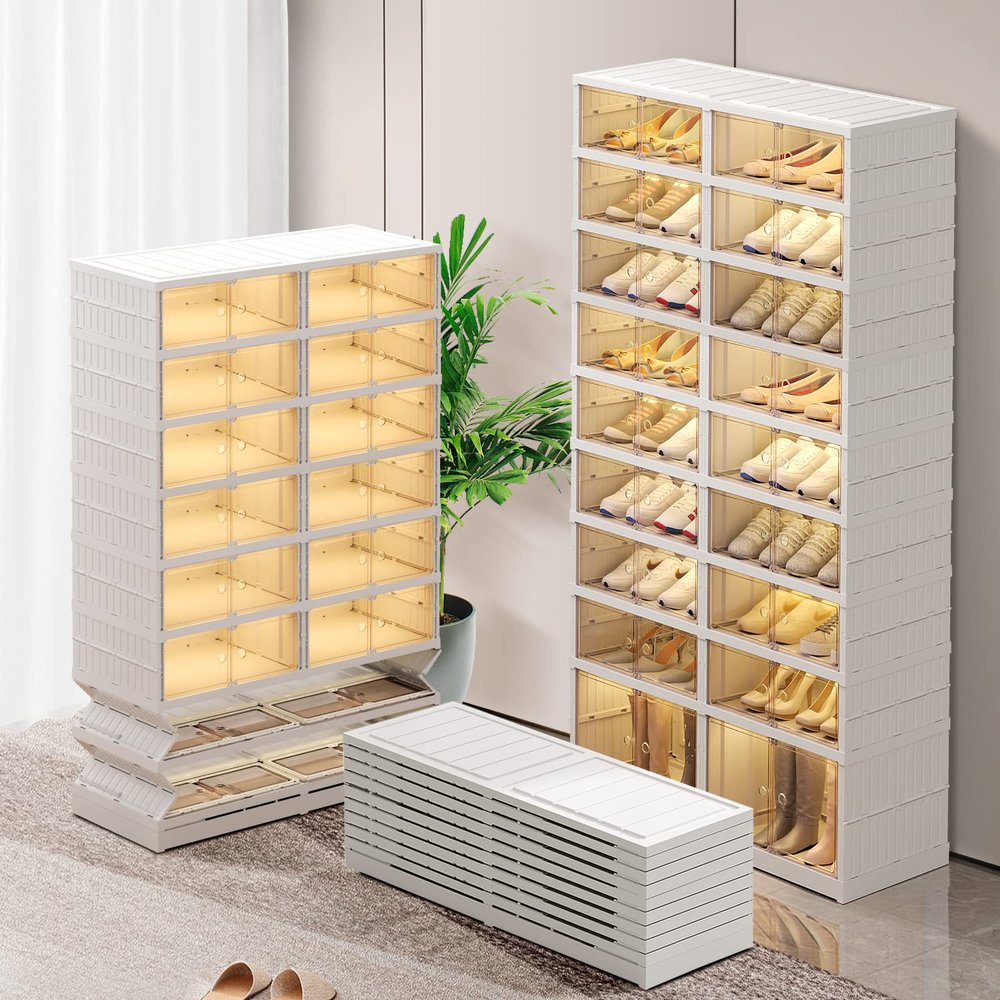 CIMLORD 9-Tier Foldable Shoe Rack Organizer for Closet,36Pairs Collapsible Plastic Shoe Shelf,Large Shoes Cabinet with Door,Clear Stackable Storage Box Easy Assembly