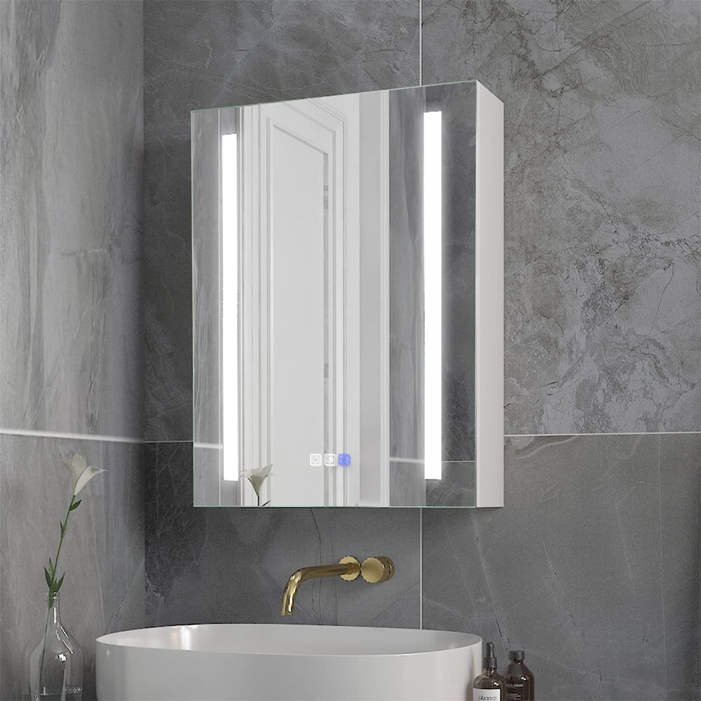 Liviza LED Bathroom Medicine Cabinet with Mirror, 20 x 26 Inch, Recessed or Surface Lighted Medicine Cabinet, Defog, Auto Memory Light Setting, 2 Outlets, Storage Shelves (Left Soft Close Hinge)