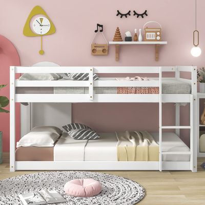 Anwickmak Bunk Beds Twin Over Twin, Wood Kids Low Bunk Bed with Guard Rails and Ladder for Kids Boys Girls Toddlers (White)