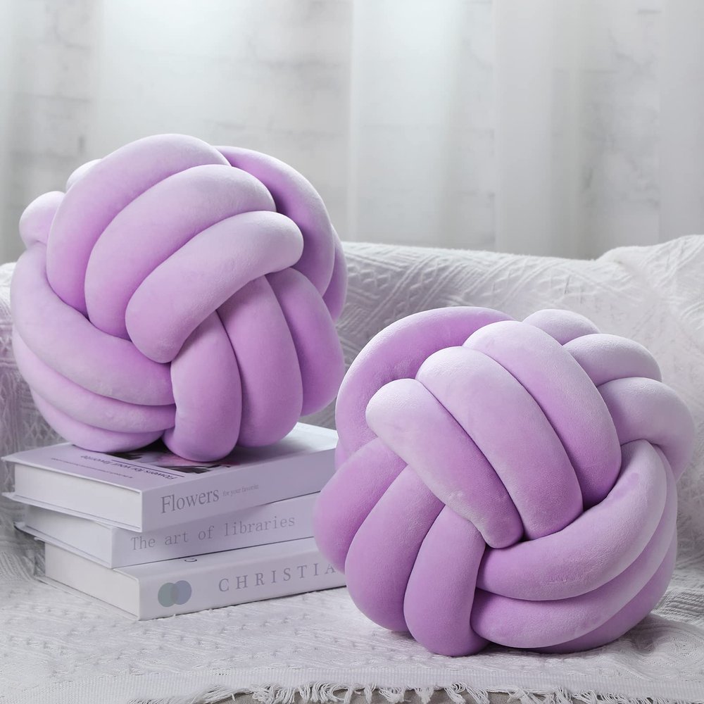 2 Pieces Knot Ball Pillows Round Plush Aesthetic Cushion Pillows Soft Stress Relieving Cute Decorative Knotted Pillows for Kids Bed Sofa Bedroom Decor (Light Purple, 10.6 Inches)