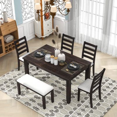 6-Piece Rustic Dining Table Set for 6 Person, Kitchen Table Set with Bench and 4 Padded Dining Chairs Wood Kitchen Dining Room Table Set Kitchen Furniture, Easy Assembly, Espresso