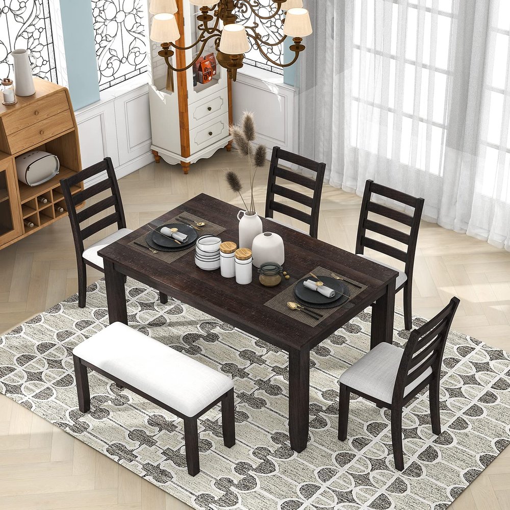 6-Piece Rustic Dining Table Set for 6 Person, Kitchen Table Set with Bench and 4 Padded Dining Chairs Wood Kitchen Dining Room Table Set Kitchen Furniture, Easy Assembly, Espresso