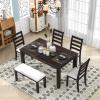 6-Piece Rustic Dining Table Set for 6 Person, Kitchen Table Set with Bench and 4 Padded Dining Chairs Wood Kitchen Dining Room Table Set Kitchen Furniture, Easy Assembly, Espresso view 1