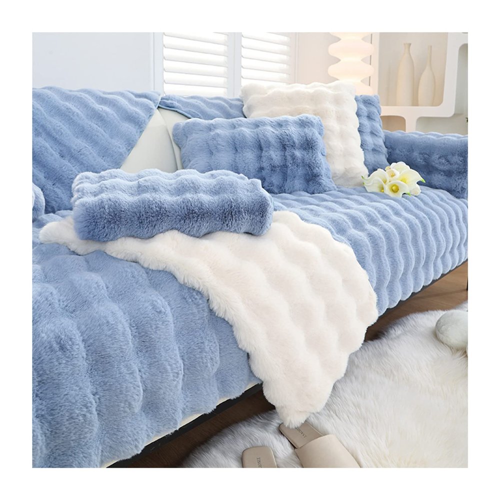 Amposei Thick Rabbit Plush Sofa Cushion, Non-Slip Universal Sofa Cover, Super Soft Faux Fur Throw Pillow Cover, Furniture Protector Fluffy Couch Cushion Slipcover (Light Blue, Pillowcase 18x18 in)