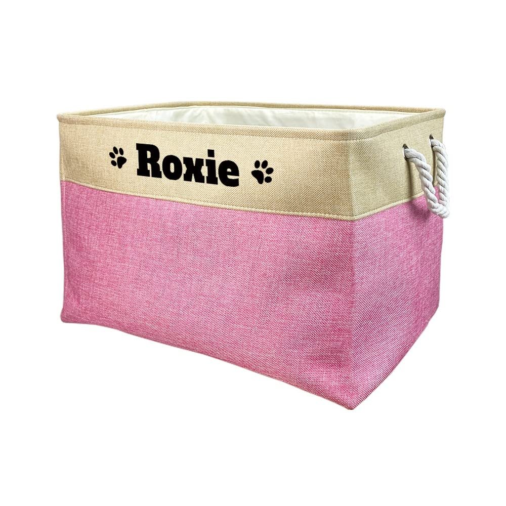 MALIHONG Personalized Foldable Storage Basket for Dog Cat Toys Sturdy Fabric Bin Box with Handles for Organizing Pet's Food Clothes Toys, Pink, Extra Large Size -20.7"x 16.2" x 13.4"