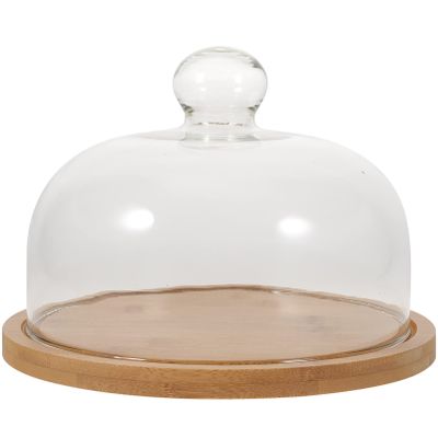 DOITOOL Glass Dome with Wooden Base, Glass Cake Stand Display Dome Cloche Clear Bell Jar Cover for Dessert Cheese Candy Plants, 5.8 x 8.2 x 8.2