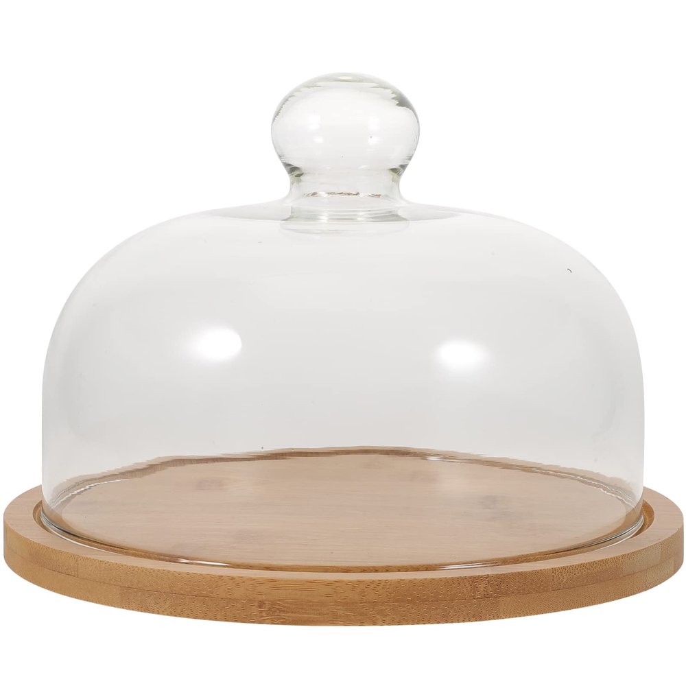 DOITOOL Glass Dome with Wooden Base, Glass Cake Stand Display Dome Cloche Clear Bell Jar Cover for Dessert Cheese Candy Plants, 5.8 x 8.2 x 8.2