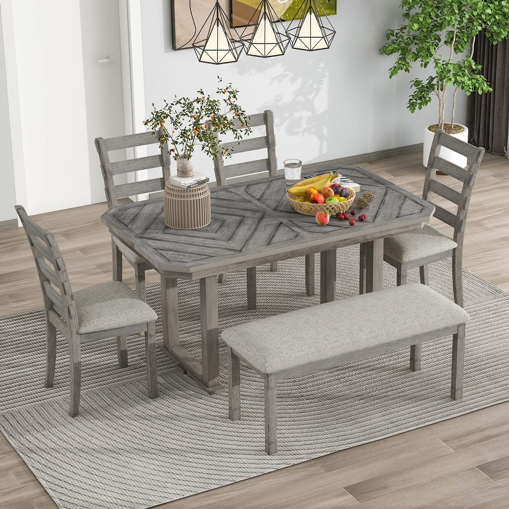 6-Piece Wood Dining Table Set for 6, Kitchen Dining Room Table Set with Wood Grain Pattern Tabletop Kitchen Table Set with 4 Upholstered Chairs and Bench, Easy Assembly, for Dining Room, Gray