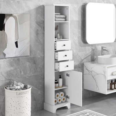 LUMISOL 68" Tall Bathroom Cabinet with Door, Freestanding Narrow Bathroom Storage Cabinet with Drawers, Slim Bathroom Floor Cabinet with Adjustable Shelves (White)