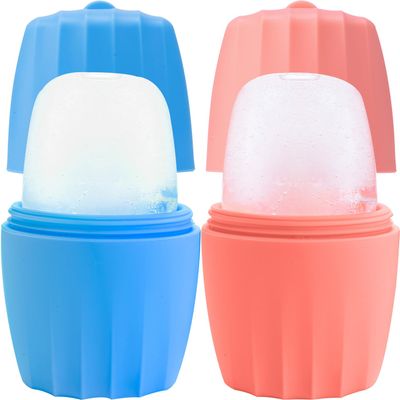 2 PACK Reusable Cube Silicone Mold Ice Roller For Face Cold Therapy Facial Massage Roller (Pink + Blue)