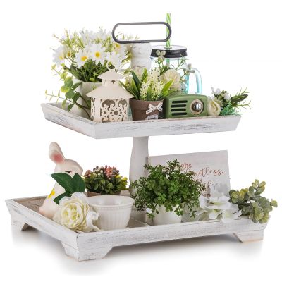 Hanobe Tiered Tray for Table Decor: Spring 2 Tier Decorative Tray Stand for Coffee Bar - Large Farmhouse White Display Stands for Holiday - Wood for Kitchen Counter Decorations