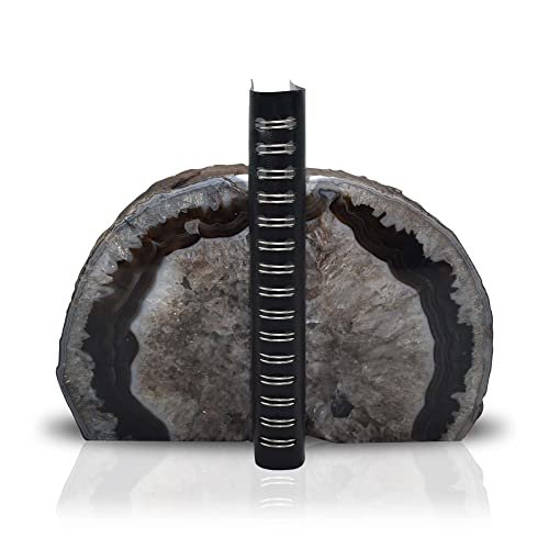 Nature's Decorations A Quality Black Agate Geode Bookends - Heavy Duty with Non-Skid Rubber Bumpers for Shelves, Office, Home Decor - Cool Crystal Stone (1 Pair 2-3 LB)