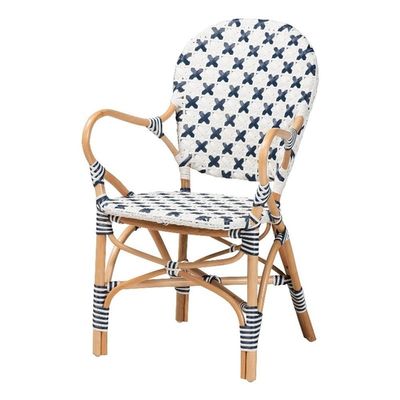 Baxton Studio Bryson Blue and White Weaving and Natural Rattan Bistro Chair