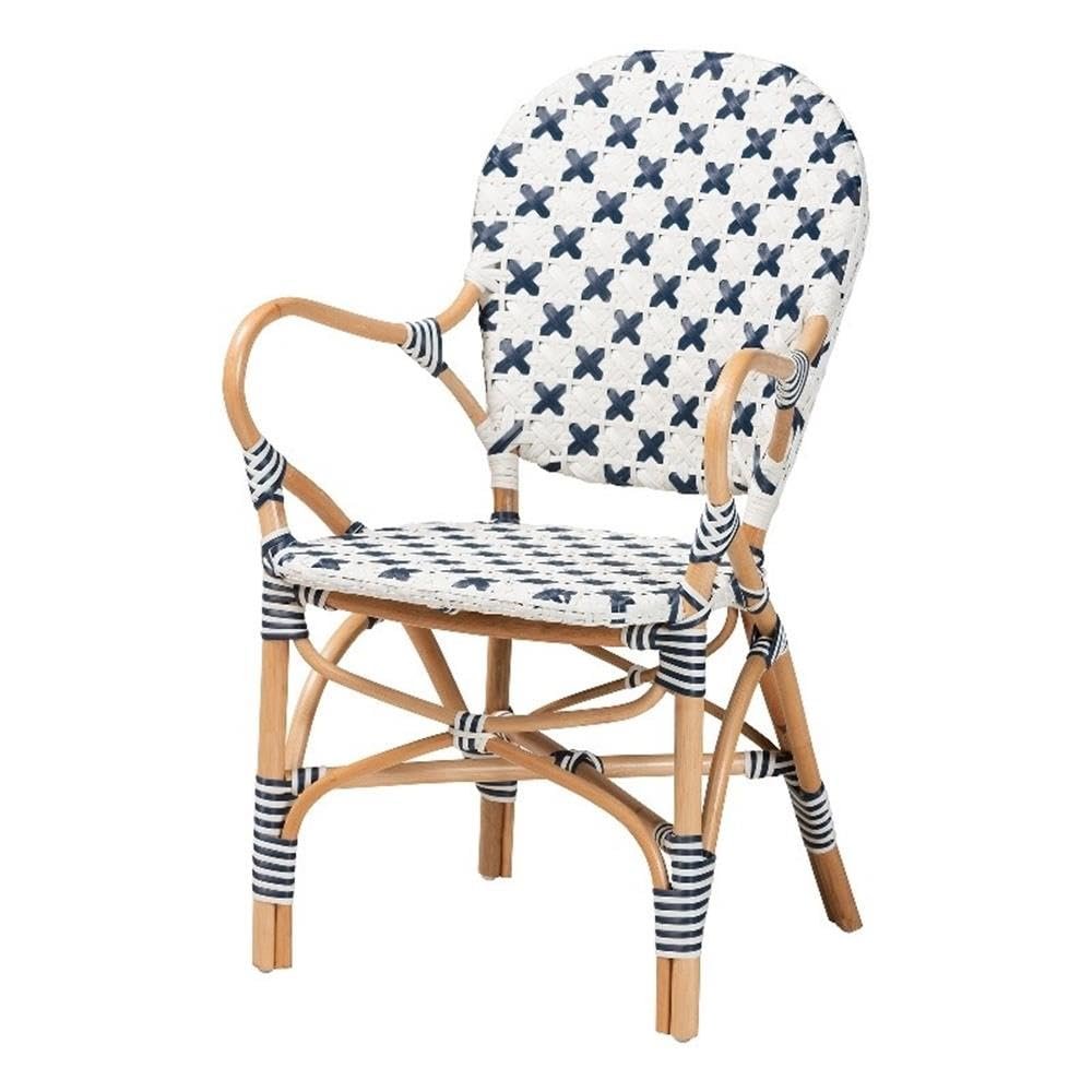 Baxton Studio Bryson Blue and White Weaving and Natural Rattan Bistro Chair