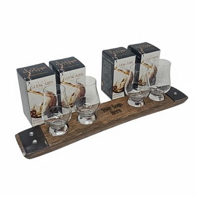 Barrel-Art Personalized Premium 4 Glass Whiskey Flight/Engraved Center/Personalized Gift/Crystal Glass Option/Dark Walnut Color (Your Logo Design)