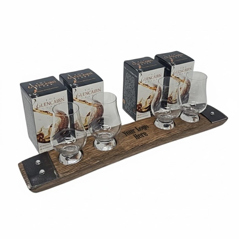 Barrel-Art Personalized Premium 4 Glass Whiskey Flight/Engraved Center/Personalized Gift/Crystal Glass Option/Dark Walnut Color (Your Logo Design)