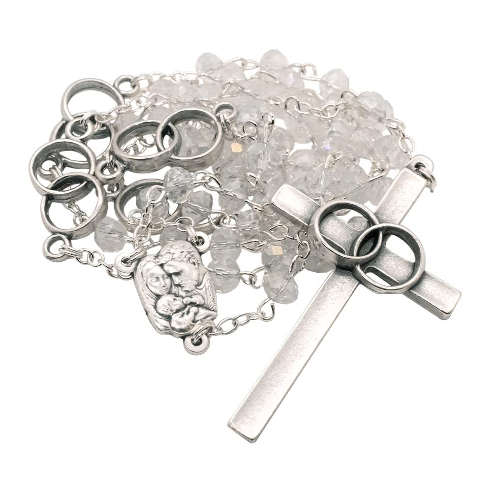 Marriage Rosary with Crystal Beads and Wedding Band Our Father Spacers | Great Catholic Gift for Weddings, Engagements, and Anniversaries | Made in Italy (Silver-Tone)