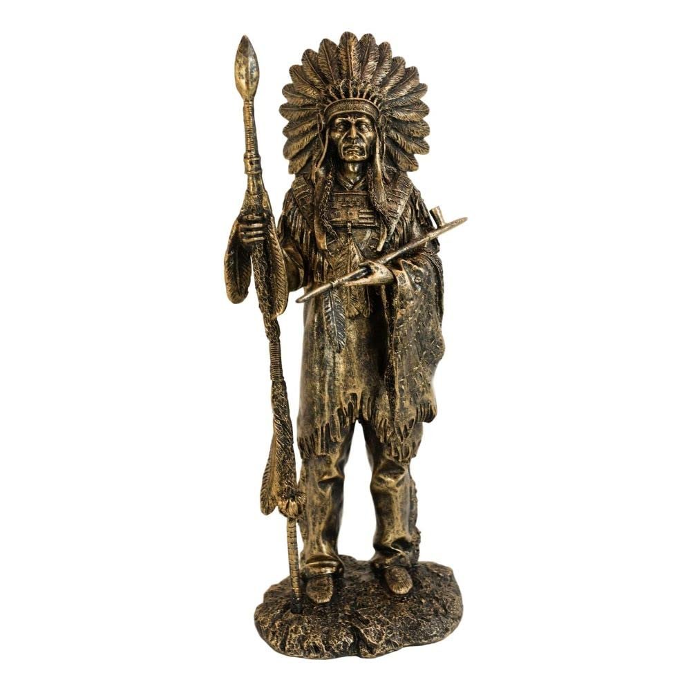 1 Pcs Native American Indian Chief With Eagle Roach Spear And Chalumet Pipe Statue