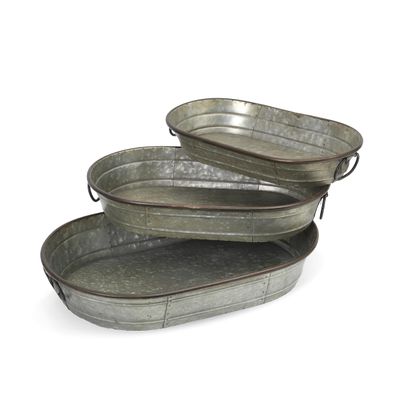 Gerson International Set of 3 Decorative Oval Galvanized Metal Planter Trays