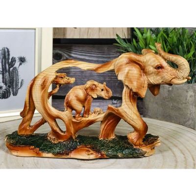 1 Pcs Faux Wood Elephant Family Migration Elephant Walking With Baby Calf Statue 7" L