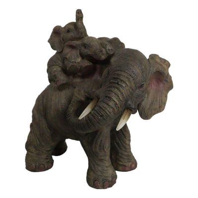 1 Pcs Small Wildlife Elephant Father And 2 Calves On Piggyback Playing Statue 5.25" H