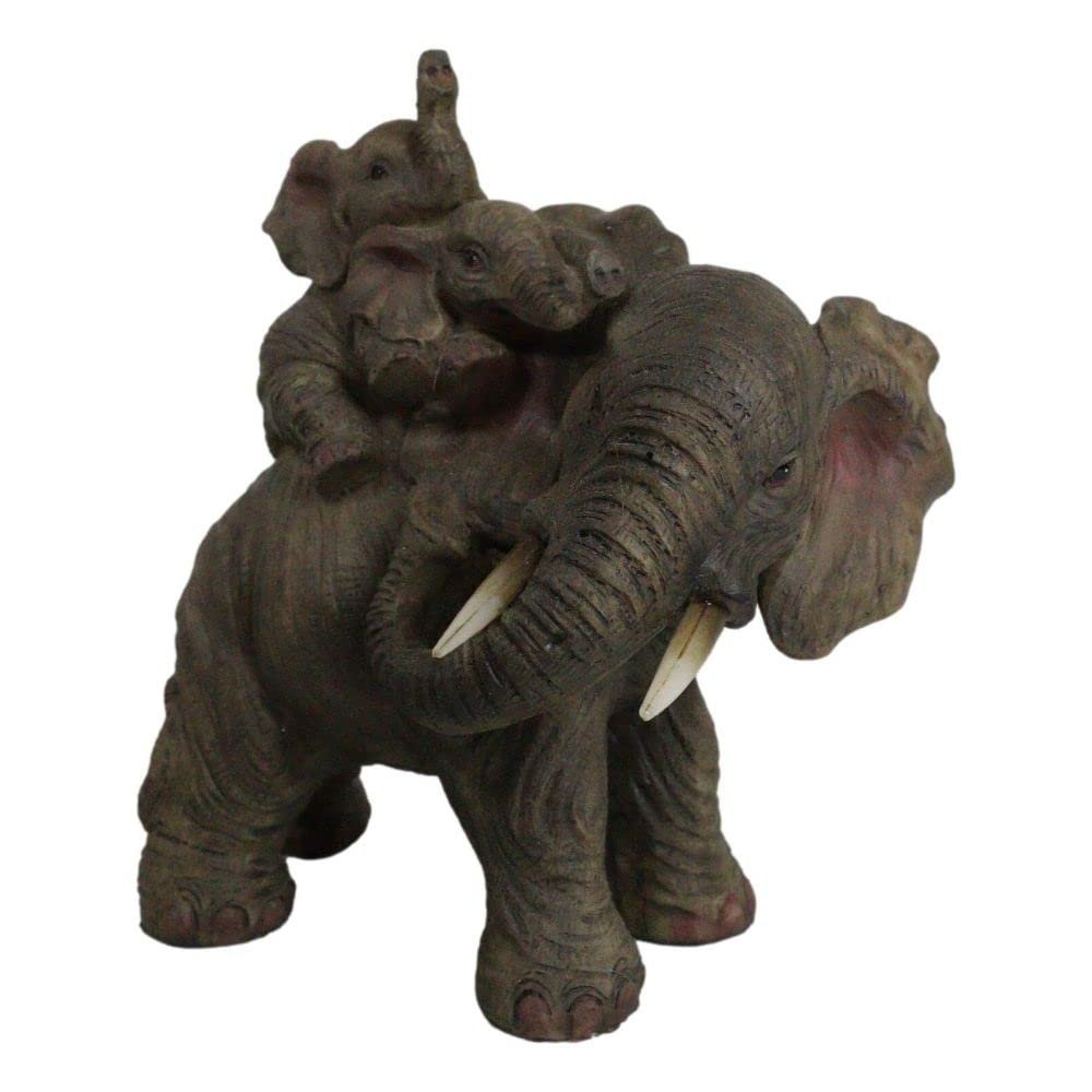 1 Pcs Small Wildlife Elephant Father And 2 Calves On Piggyback Playing Statue 5.25" H
