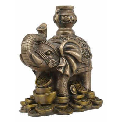 1 Pcs Auspicious Elephant With Trunk Up Standing On Gold Ingot Coins Statue