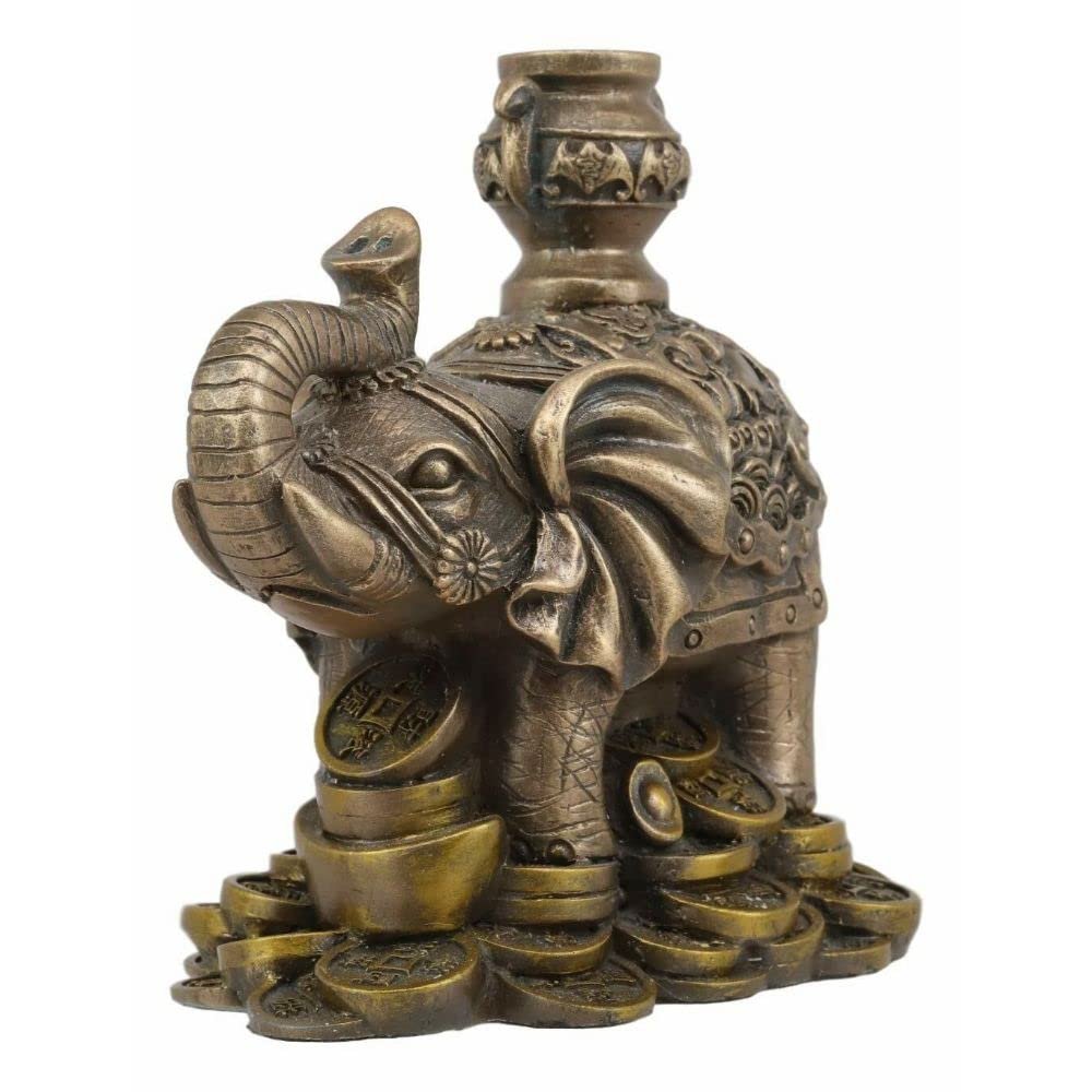 1 Pcs Auspicious Elephant With Trunk Up Standing On Gold Ingot Coins Statue