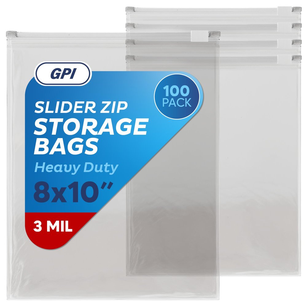 100 Count - Slider Zip Food Storage Bags, 8" x 10" (1/2 Gallon) 3 Mil Heavy Duty, Strong & Durable For Freezer Storage, For Sandwiches, Snacks & More. GPI