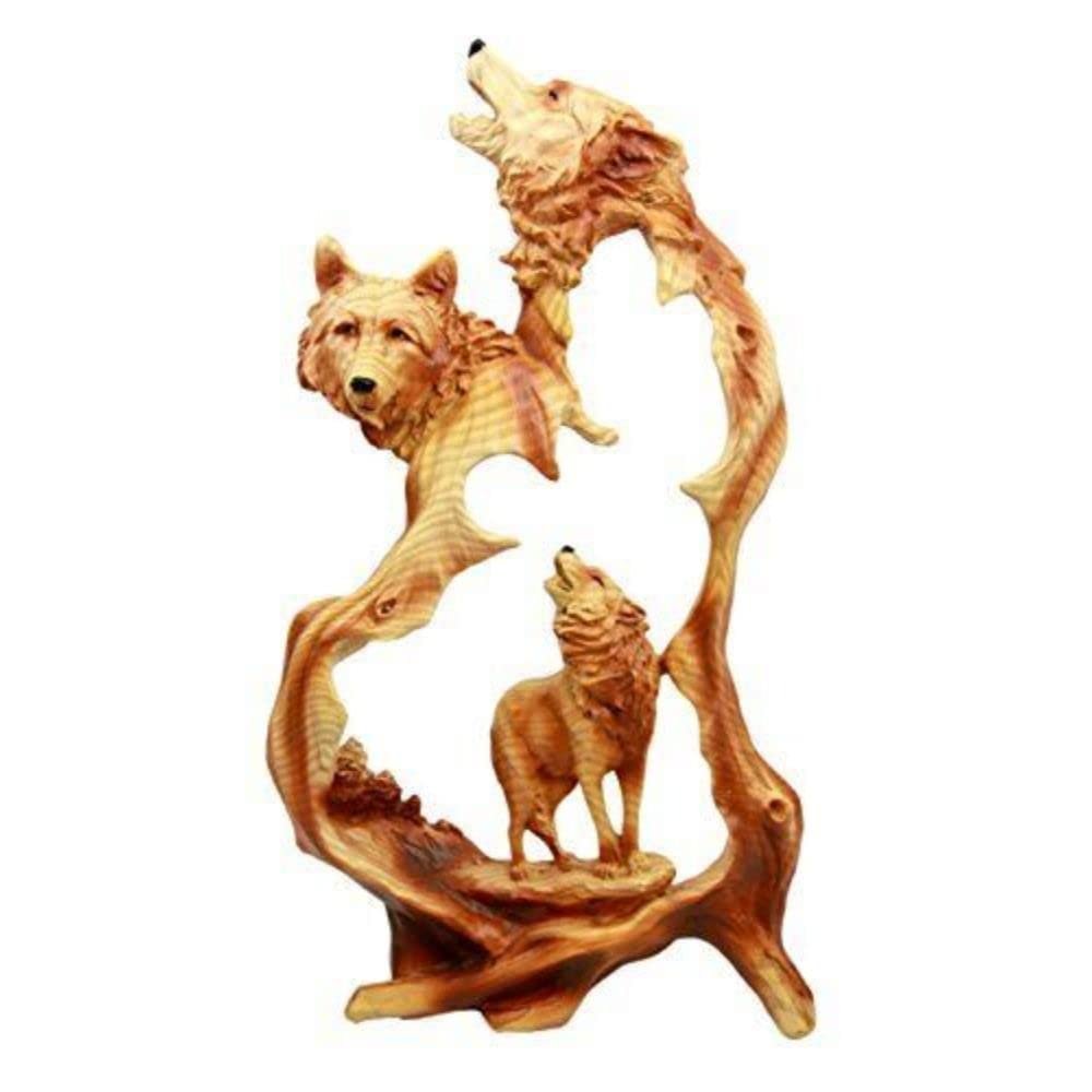 1 Pcs Large Rustic Faux Wood Wildlife Scene Howling Wolf Pack Figurine 12.5" H