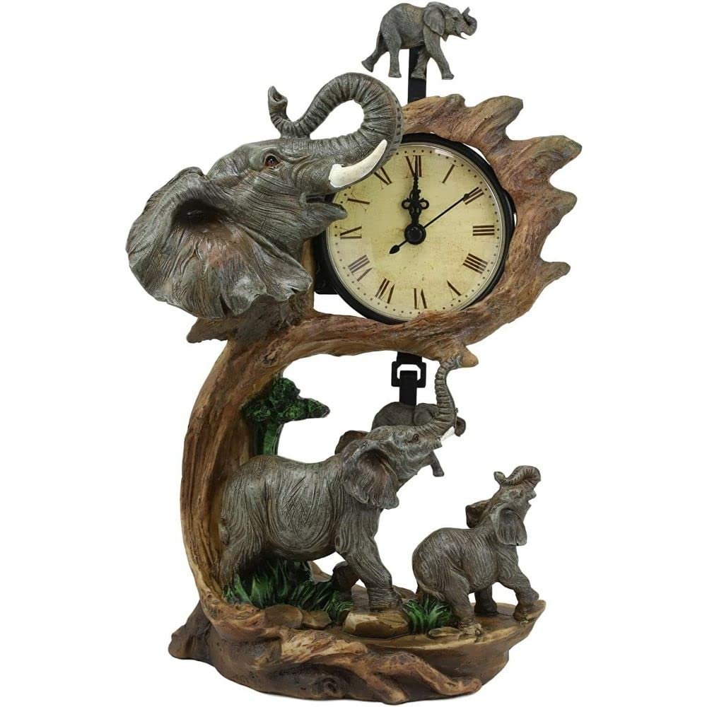 1 Pcs Elephant Father and Calf Family Table Clock with Pendulum 10.5" Height