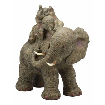 1 Pcs Wildlife Elephant Father And 2 Calves On Piggyback Playing Statue 10.5" H